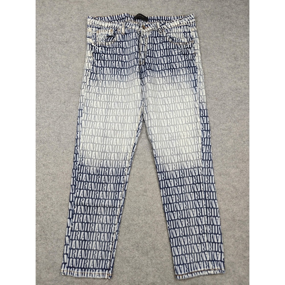 Amiri Jeans Mens 32x32 Blue Medium Wash Allover Logo Skinny Slim Denim Pants
